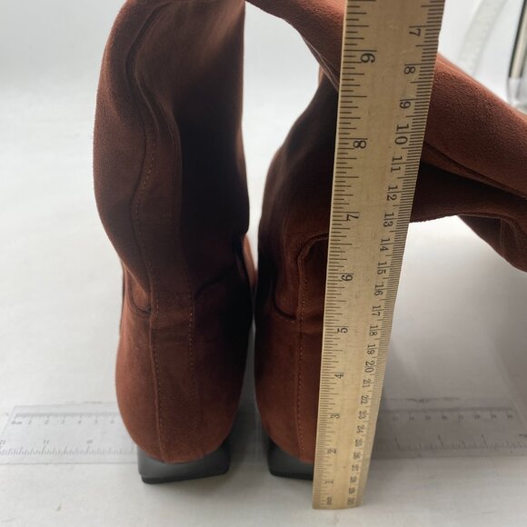 Women Square Toe Knee High Boots Wide Calf Low Chunky Heel Flat Long Boots Brown - Picture 4 of 7